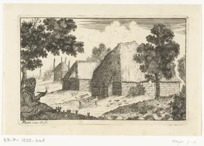 Twee boerenhuizen met een pijp rokende man