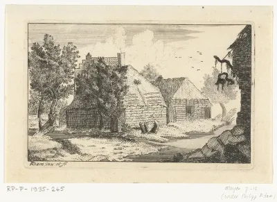 Twee boerenhuizen met een slapende man