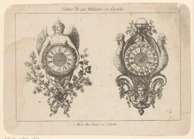 Twee cartelklokken met gevleugelde figuur en kippen