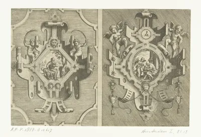 Twee cartouches, elk met de voorstelling van een evangelist