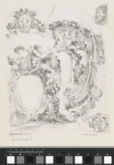 Twee cartouches en drie groteske maskers