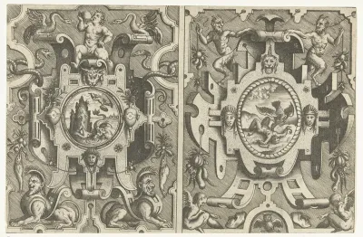 Twee cartouches met mythologische voorstellingen
