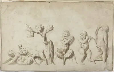 Twee centaurs, een bok, een boom en twee mensfiguren