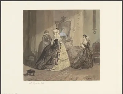 Twee dames in crinoline met kamenier