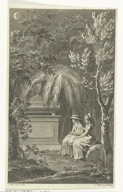 Twee dames op een kerkhof bij een graftombe
