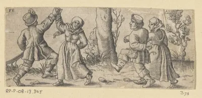 Twee dansende boerenparen, bomen in de achtergrond