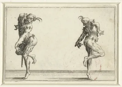 Twee dansers, de een op de linkerzijde, de ander op de rechterzijde gezien