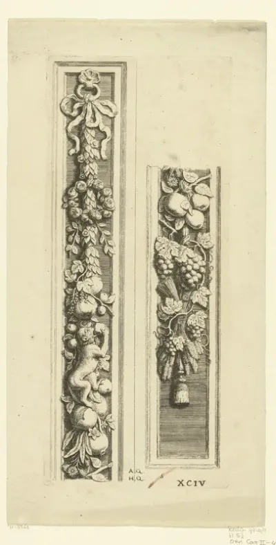 Twee delen van een pilaster met festoenen van bladeren, fruit en bloemen