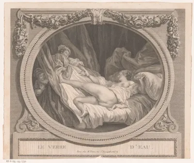 Twee dienstmeisjes trekken de dekens weg van een half ontklede vrouw in een bed
