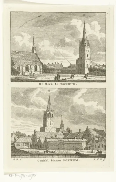 Twee dorpsgezichten met kerk en kerktoren te Dokkum