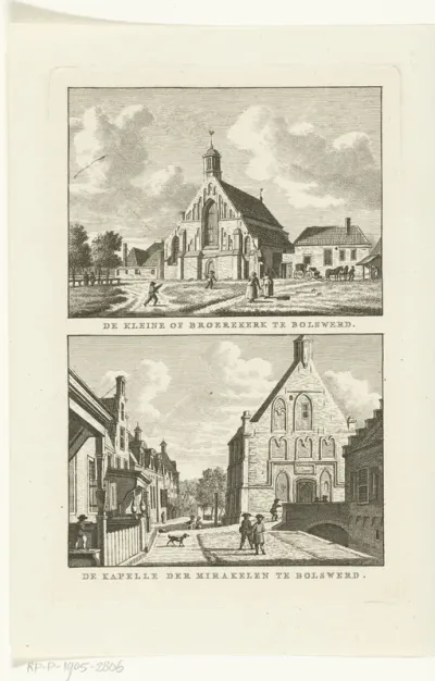 Twee dorpsgezichten te Bolsward: Broerekerk en kapel van het mirakelbeeld