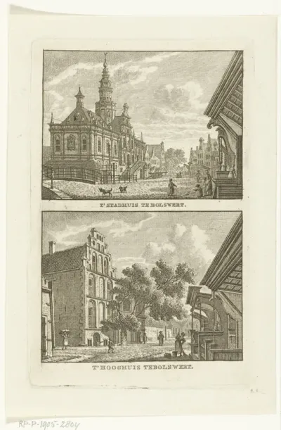 Twee dorpsgezichten te Bolsward: Stadhuis en het Hooghuis