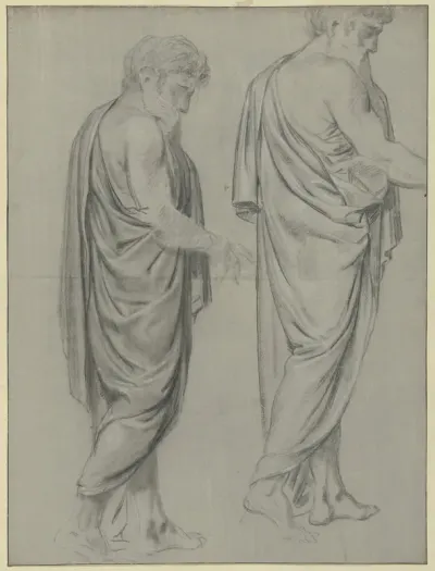 Twee draperiestudies van een lopende man, naar rechts