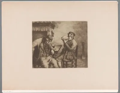 Twee drinkende mannen aan tafel bij een schouw
