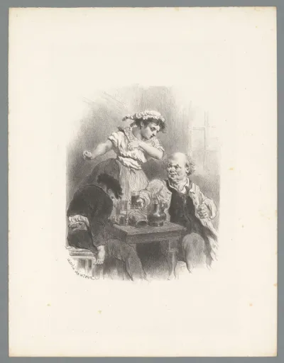 Twee drinkende mannen en een vrouw om tafel