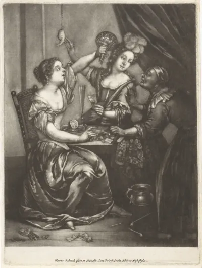 Twee drinkende vrouwen en een oude vrouw
