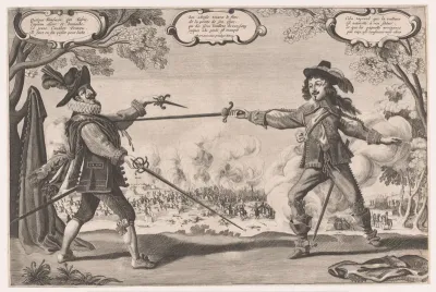 Twee duellerende edellieden met degens op een slagveld