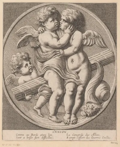 Twee elkaar omhelzende putti met hoorn des overvloeds