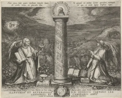 Twee engelen aanbidden een zuil