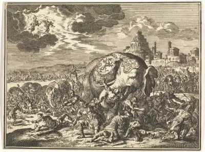 Twee engelen jagen de olifanten van Ptolemaeus Philopator weg