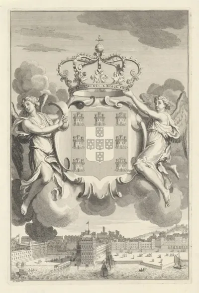 Twee engelen met het een wapenschild boven de stad Lissabon