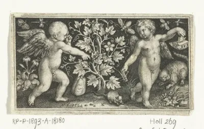 Twee engeltjes aan weerszijden van kalebasplant