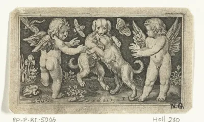 Twee engeltjes aan weerszijden van twee spelende honden
