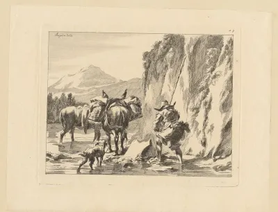 Twee ezels, een hond en een herder waden langs een rotswand