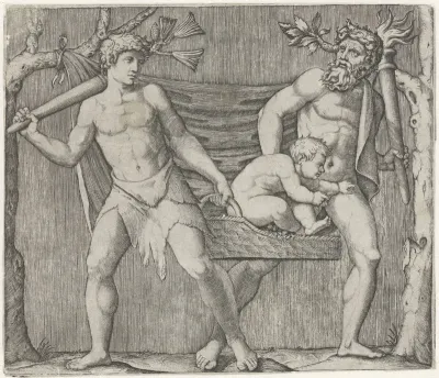 Twee fauns dragen een kind in een mand