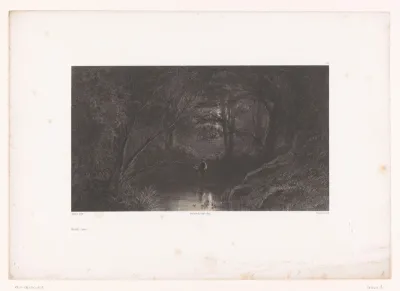 Twee figuren bij een maanverlichte vijver in het bos