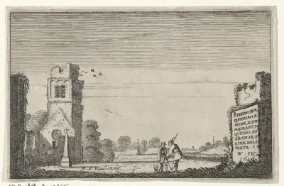 Twee figuren bij een ruïne van een kerk