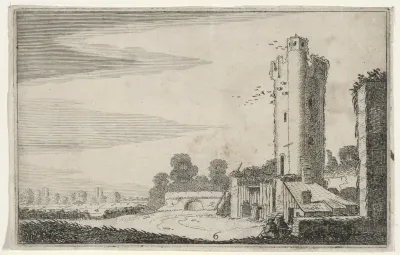 Twee figuren bij een ruïne van een toren