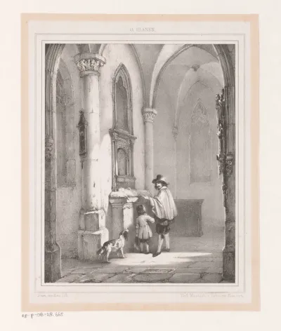 Twee figuren bij grafmonument in een kerk