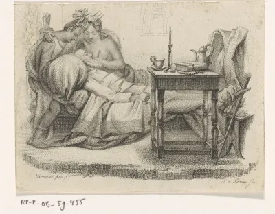 Twee figuren bij het ziekbed van een oude man