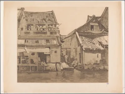 Twee figuren bij huizen aan een rivier in Batavia