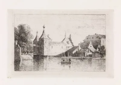 Twee figuren in een boot bij een stadspoort