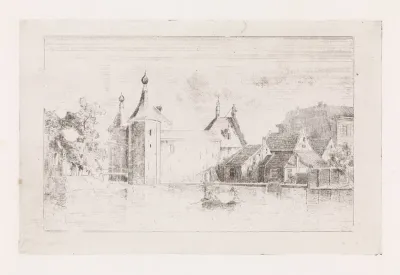 Twee figuren in een boot bij een stadspoort