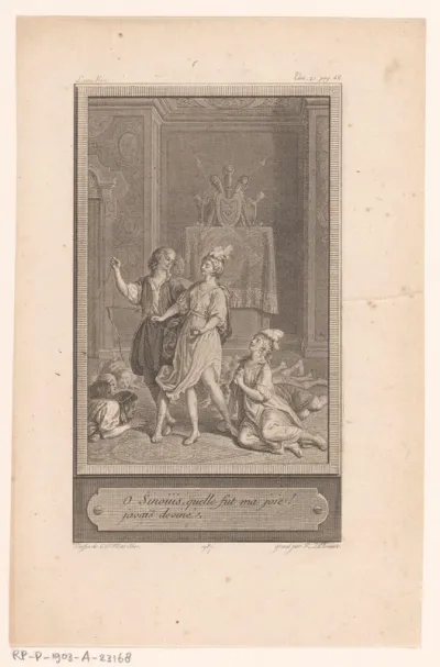 Twee figuren in een interieur omringd door knielende figuren