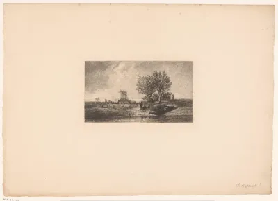 Twee figuren in een rivierlandschap met molen