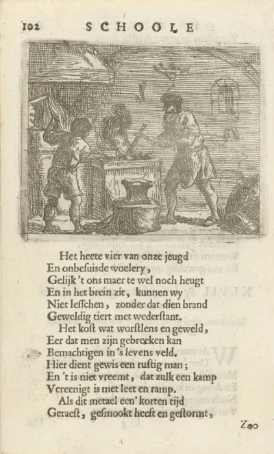 Twee figuren in het interieur van een smidse