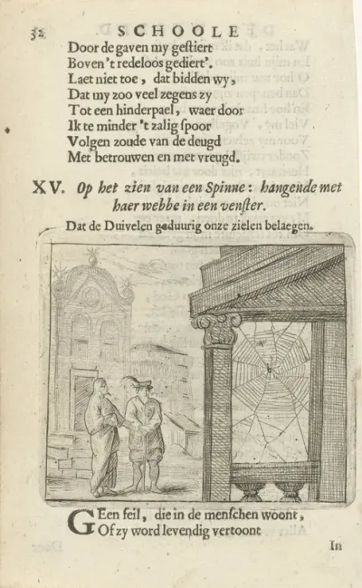 Twee figuren kijken naar een spinnenweb