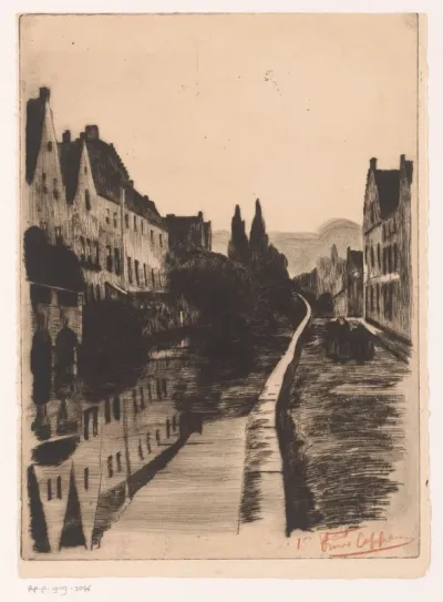 Twee figuren lopen langs een stadsgracht