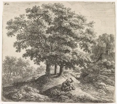 Twee figuren op een heuvel bij een huis