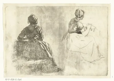 Twee figuurstudies van boerin zittend op hooibaal