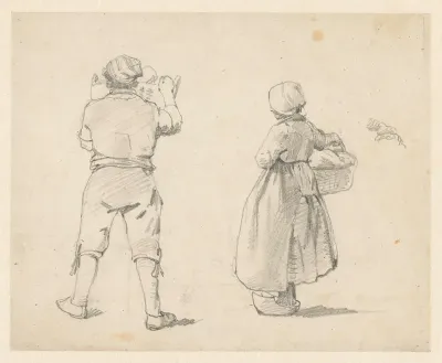 Twee figuurstudies van staande figuren, op de rug gezien
