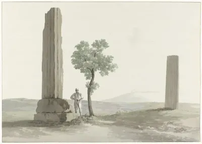 Twee fragmenten van zuilen van de tempel van Zeus Olympus op afstand van halve mijl van rivier Anapus