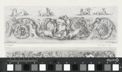 Twee friezen met zeewezens, een putto en twee honden