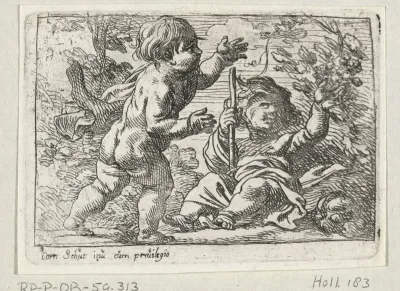 Twee fruit plukkende jongetjes in een landschap