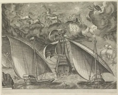 Twee galeien achter een driemaster, in de lucht de val van Phaëthon