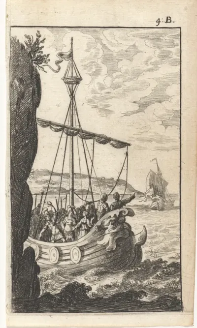 Twee galeien met soldaten op zee